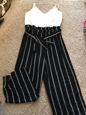 Striped Black & White Paperbag Waist Jumpsuit
